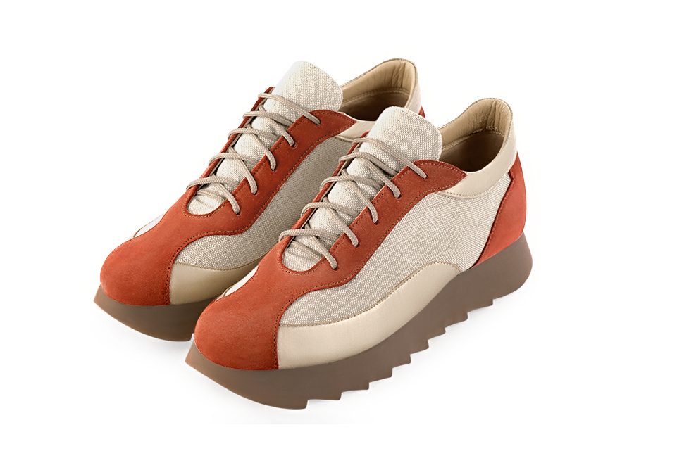 Terracotta orange and gold women's two-tone elegant sneakers. Round toe. Low rubber soles. Front view - Florence KOOIJMAN